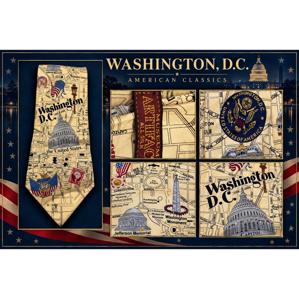 Museum Artifacts Washington DC Map Silk Tie Landmarks Capitol Building Cream